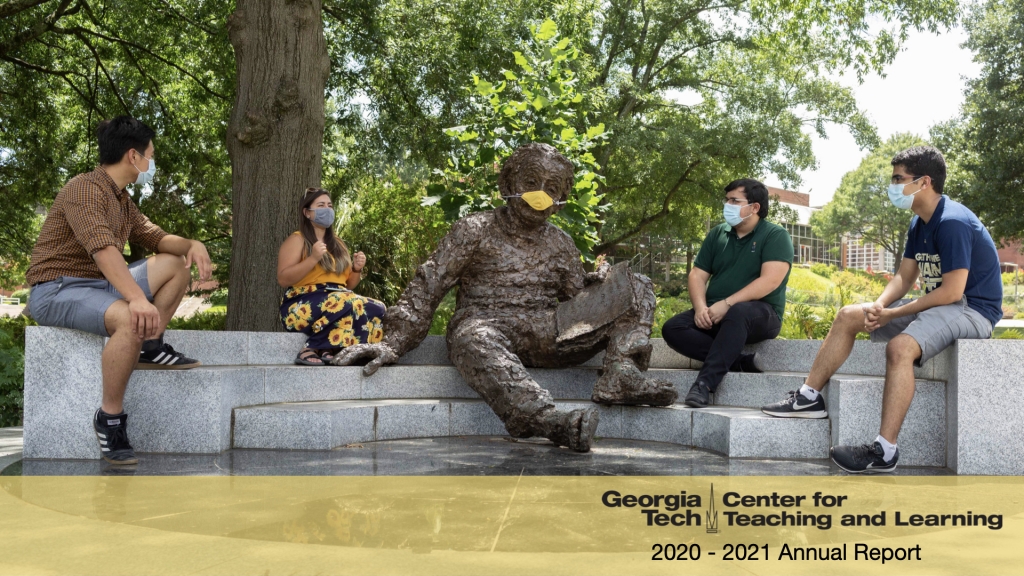 students on tech campus sitting next to Albert Einstein statue