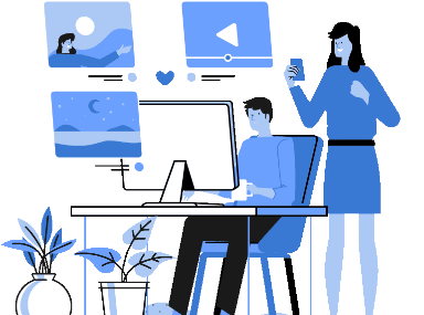 blue cartoon image of a man at a desk and a woman next to him