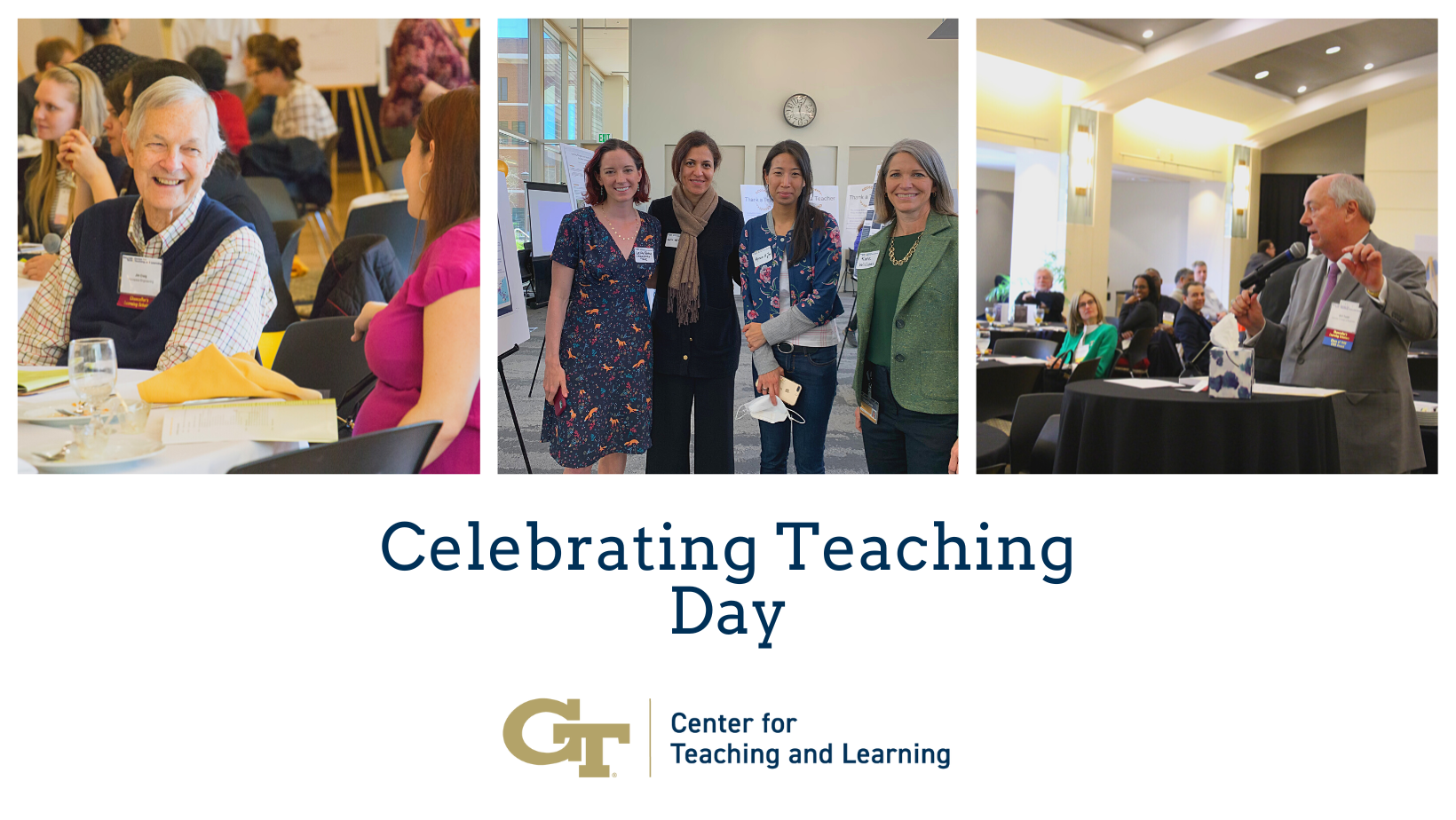 Compilation of three images from Celebrating Teaching Day events of the past. Each image shows faculty listening to speakers and talking with each other about educational initiatives. 