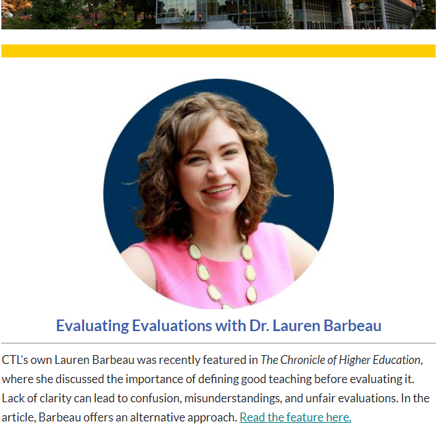 A screenshot from the March 4, 2024 CTL newsletter showing a picture of Dr. Lauren Barbeau.
