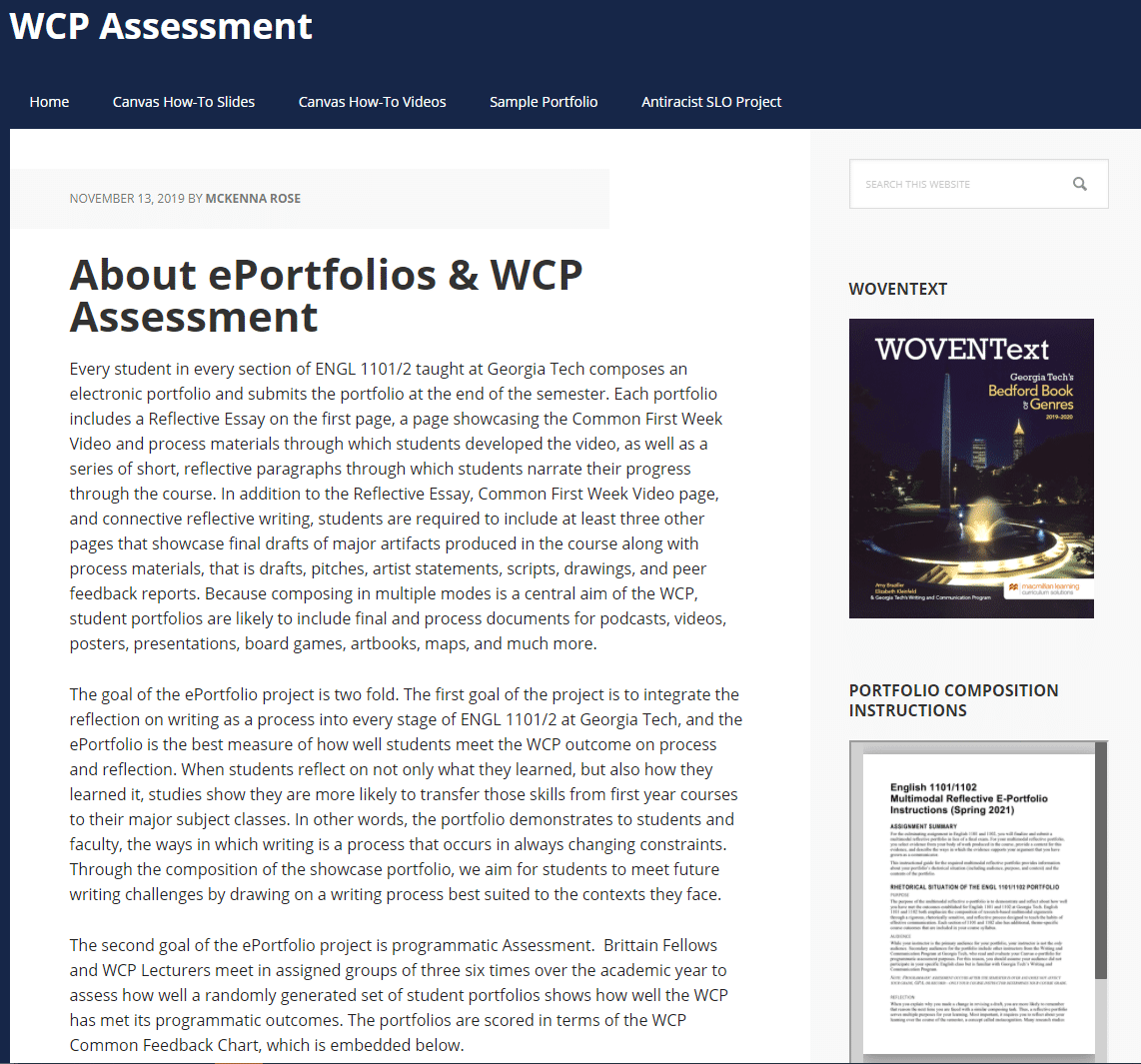 screen shot of Writing and communication program assessment website