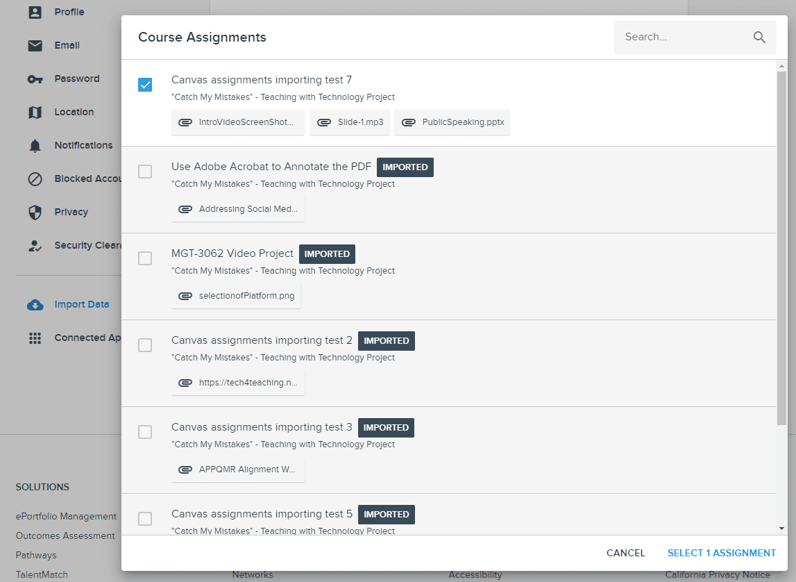screenshot of importing course assignments from Canvas