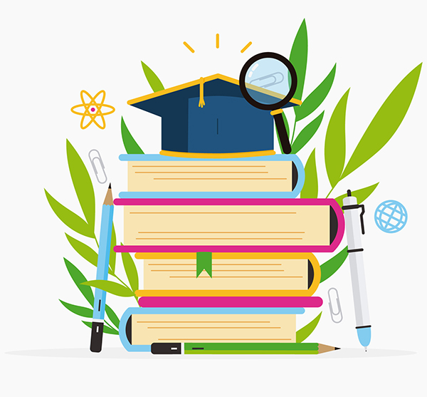illustration of a stack of books topped by a graduation cap and surrounded by miscellaneous symbols of education