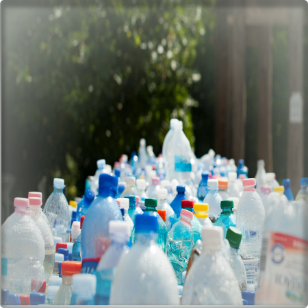 A photo of several plastic bottles with trees behind them.