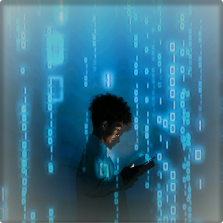 Computer code superimposed on a person looking at a digital device