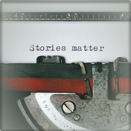 Typewriter with the words "stories matter" 