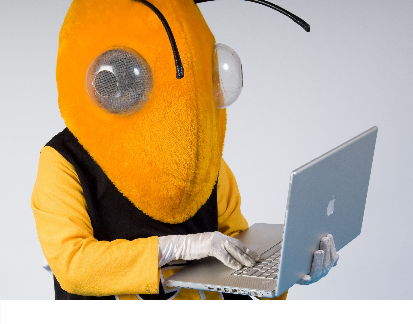Buzz holding a laptop